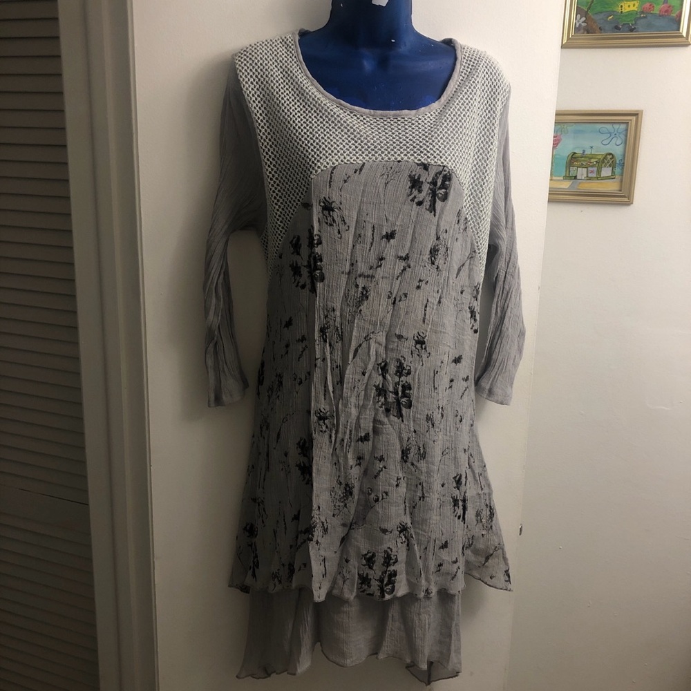 Grey asymmetrical fairy-core floral midi dress with crochet details